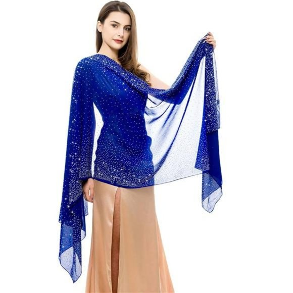 Women's Blue Chiffon Wrap Shawl Rhinestone Sparkly Bling Scarfs - Picture 1 of 5